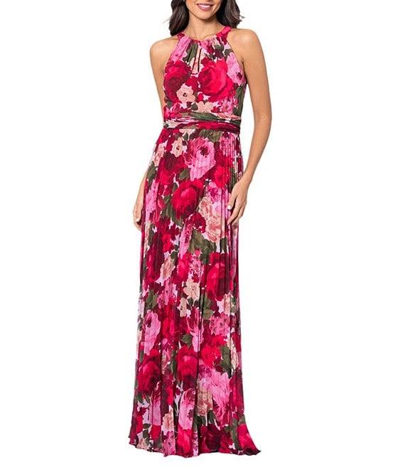 Xscape Chiffon Floral Print Halter Neck Sleeveless Pleated Blouson Gown Product Image
