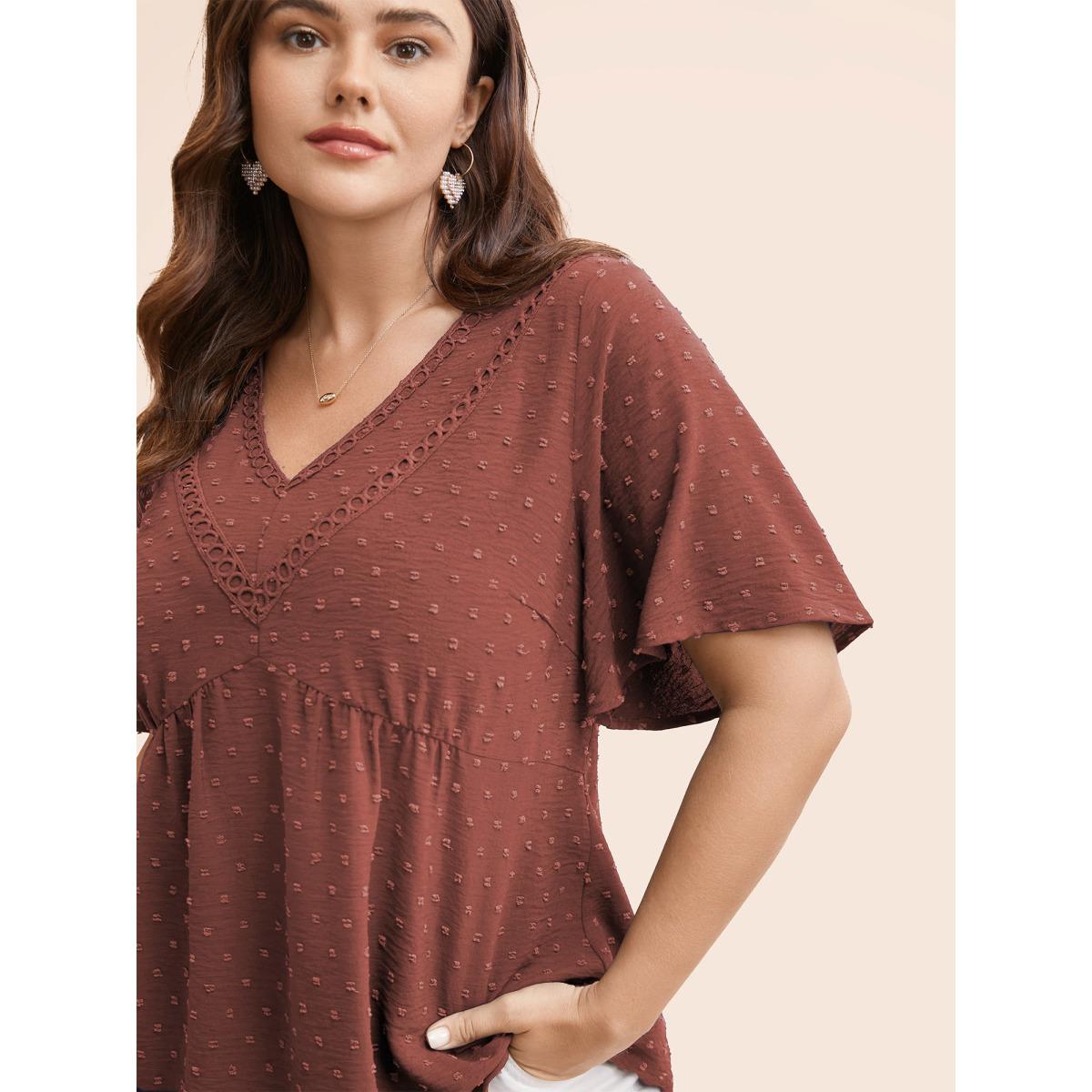 Plus Size Chocolate Polka Dot Frill Trim V Neck Flutter Blouse Women Elegant Short sleeve V-neck Work Blouses BloomChic 10/M Product Image