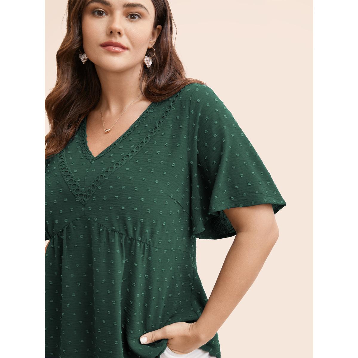Plus Size DarkGreen Polka Dot Frill Trim V Neck Flutter Blouse Women Office Short sleeve V-neck Office Blouses BloomChic 22-24/3X Product Image
