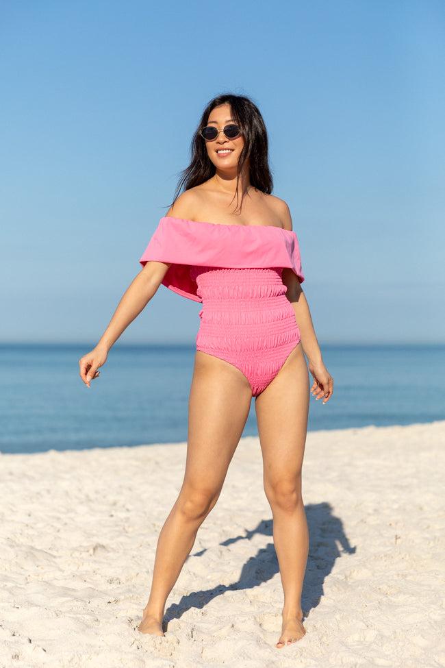 Resort Radiance Pink Smocked Off The Shoulder One Piece Swimsuit FINAL SALE Product Image