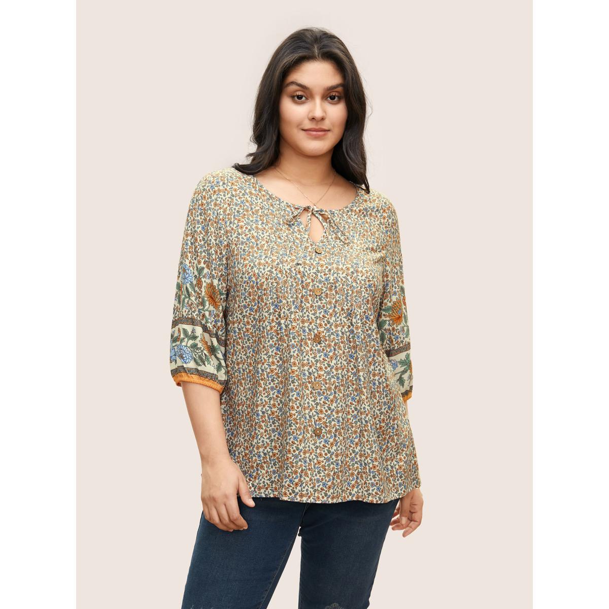 Plus Size Beige Boho Print Pleated Button Detail Tie Neck Blouse Women Resort Elbow-length sleeve Notched collar Vacation Blouses BloomChic 14-16/1X Product Image