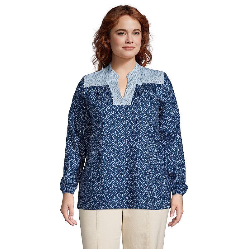 Plus Size Lands End Poplin Peasant Top, Womens Deep Blue Dot Star Product Image