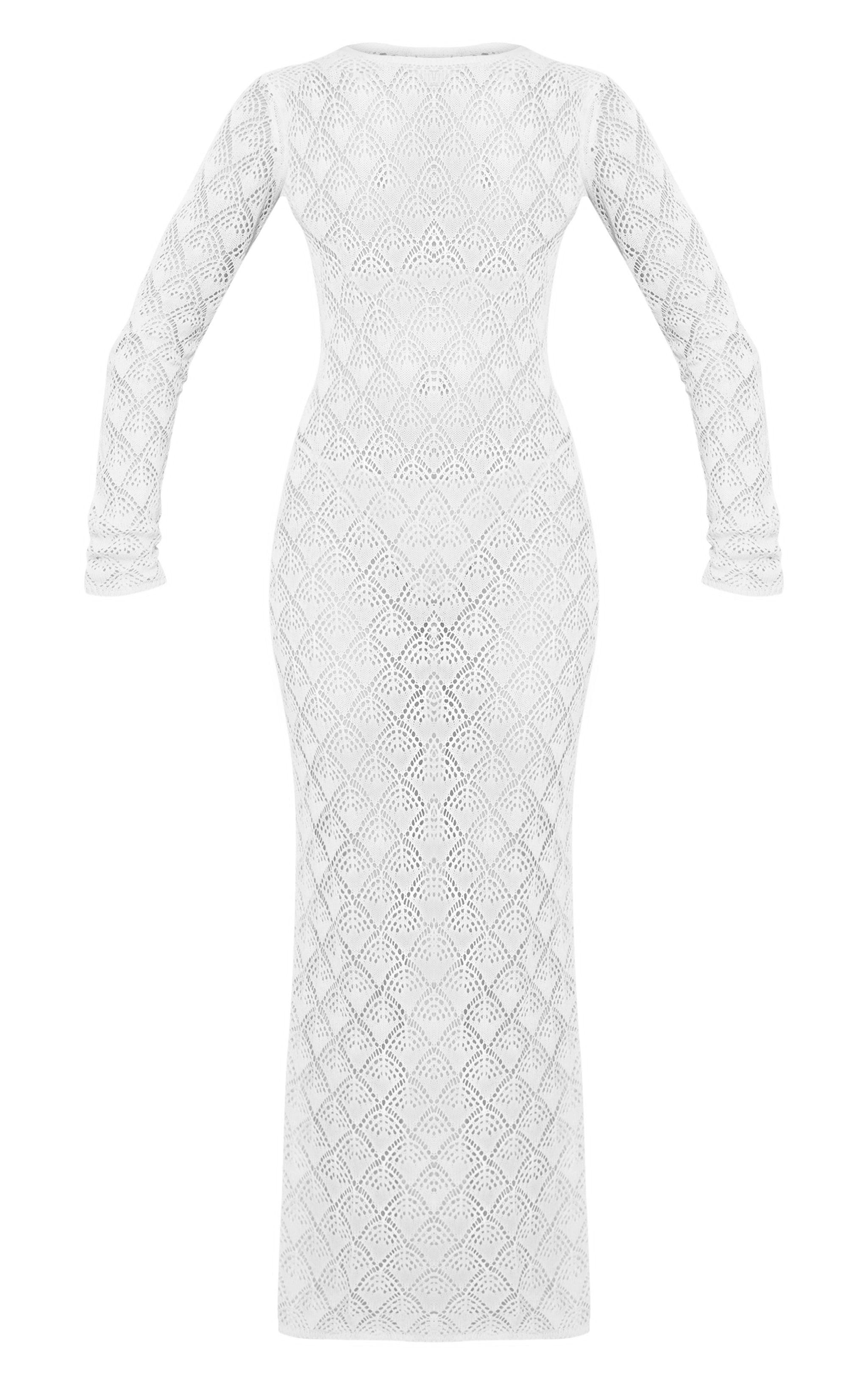 Cream Patterned Crochet Long Sleeve Maxi Dress Product Image