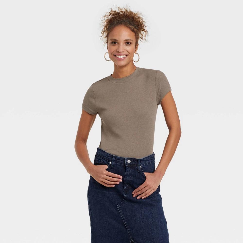 Women's Slim Fit Short Sleeve Ribbed T-Shirt - A New Day™ Brown 3X: Cotton Modal Blend, Crew Neck, Pullover Product Image
