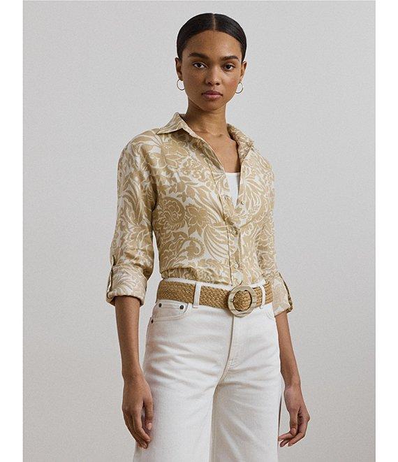 Lauren Ralph Lauren Petite Size Linen Floral Point Collar Long Roll-Tab Sleeve Button Front Shirt Product Image