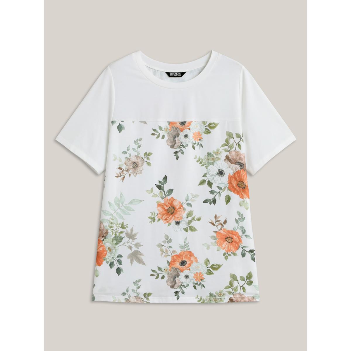 Plus Size Floral Print Spliced Stretchy T-Shirt WhiteSmoke Women Contrast Natural Flowers Round Neck Everyday-Elegant T-shirts BloomChic 12/L Product Image