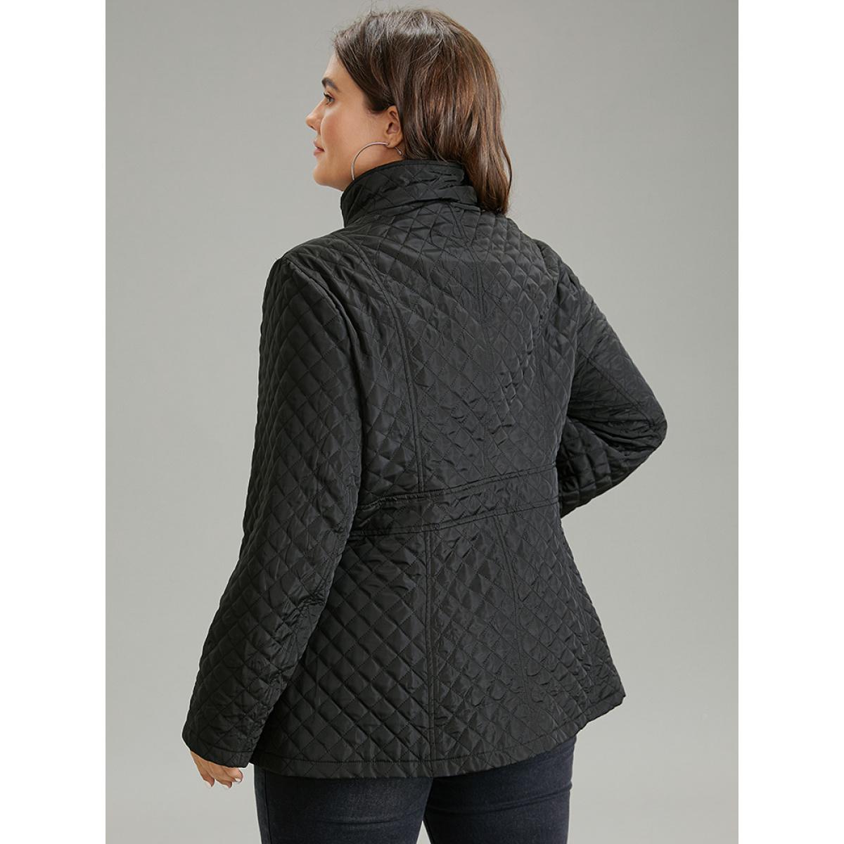 Plus Size Solid Buckle Detail Zipper Quilted Coat Women Black Casual Texture Ladies Everyday Winter Coats BloomChic 18-20/2X Product Image