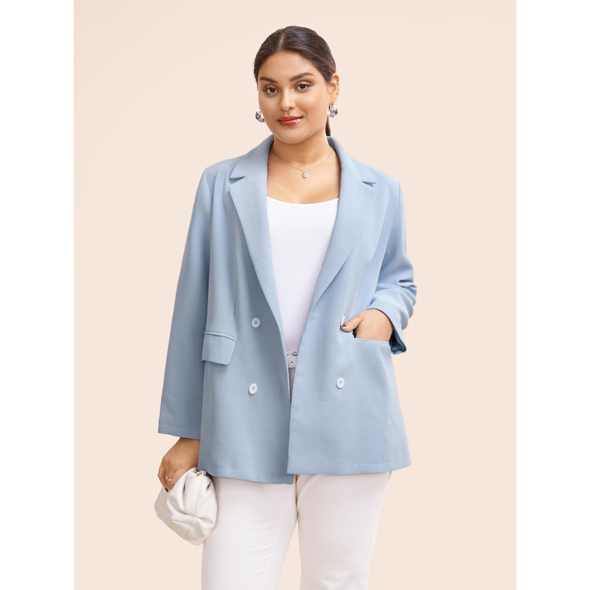 Plus Size Suit Collar Flap Pocket Back Slit Blazer LightBlue Women Everyday Button Sleeve Elbow-length sleeve Suit Collar 12/L Open pocket with flap Elegant Blazers BloomChic Product Image
