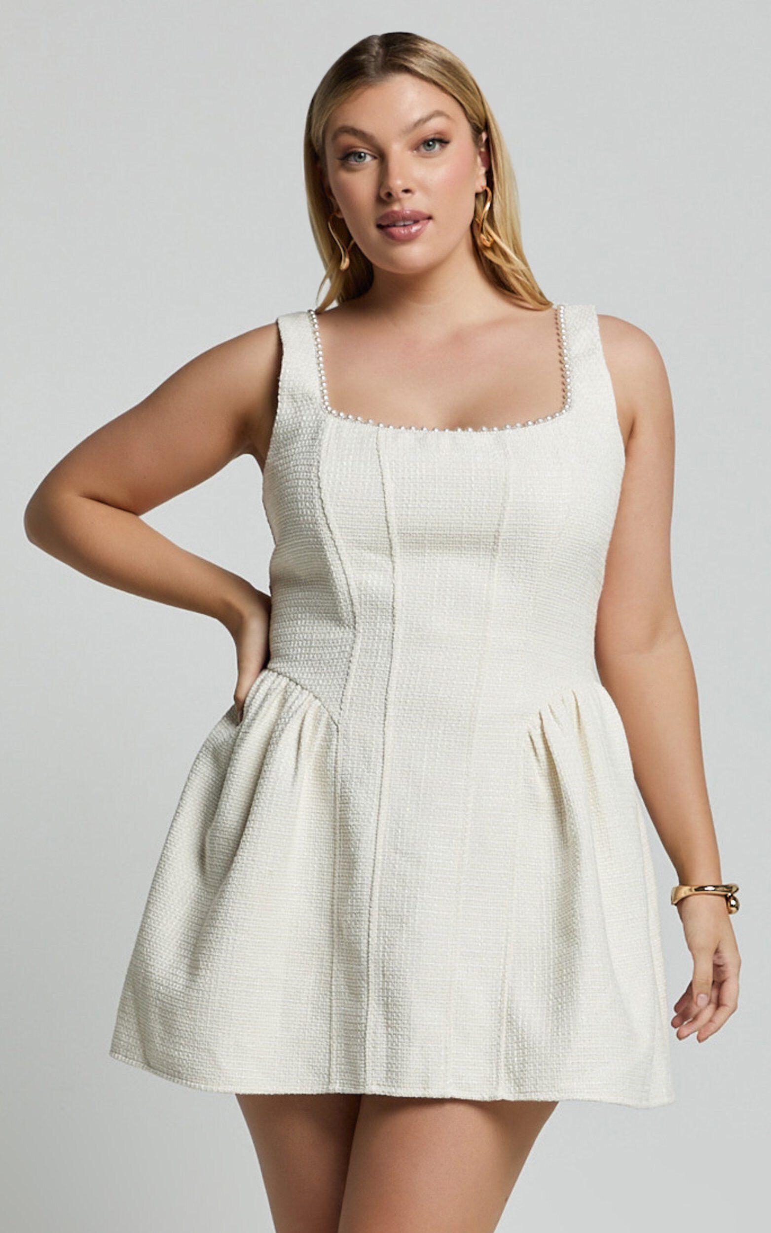 Lucia Mini Dress - Scoop Pearl Neck Boucle Dress in Cream Product Image