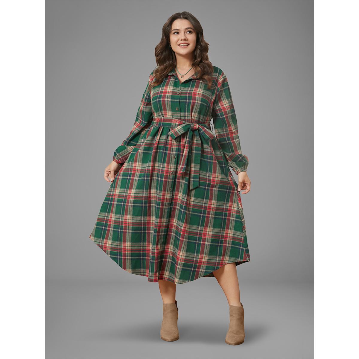 Plus Size Plaid Button Detail Pocket Belted Arc Hem Dress Multicolor Women Leisure Pocket Shirt collar Long Sleeve Curvy Midi Dress BloomChic 26/4X Product Image