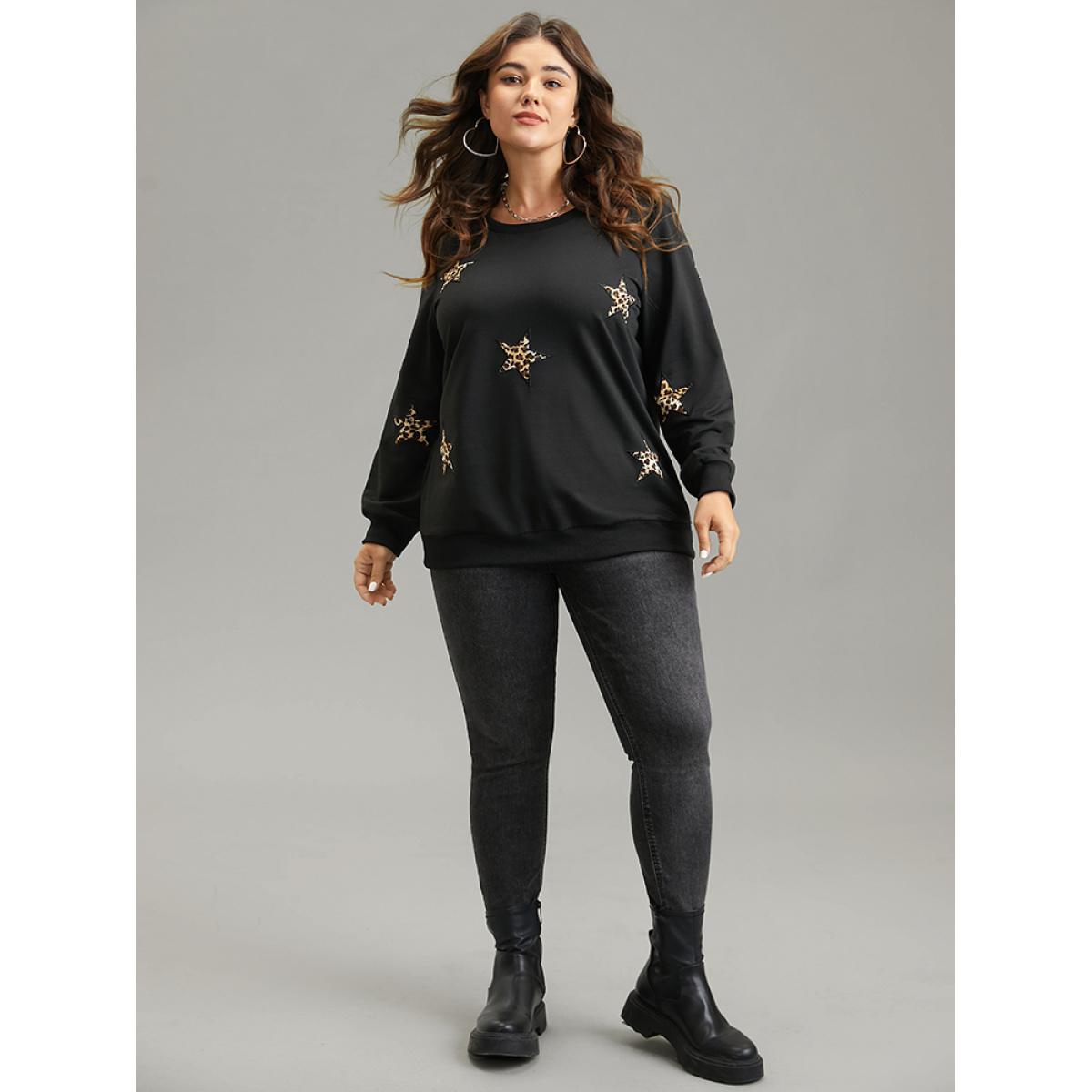 Plus Size Leopard Star Rib Knit Crew Neck Sweatshirt Women Black Casual Rib Knit Round Neck Dailywear Sweatshirts BloomChic 26/4X Product Image