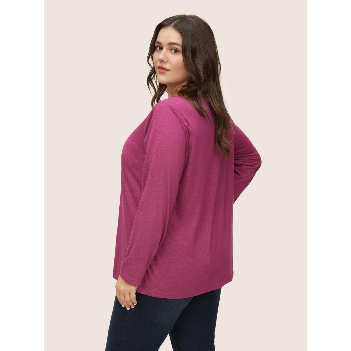 Plus Size Solid Heather Button Up T-shirt RedViolet Women Casual Non Plain Round Neck Everyday T-shirts BloomChic 14-16/1X Product Image