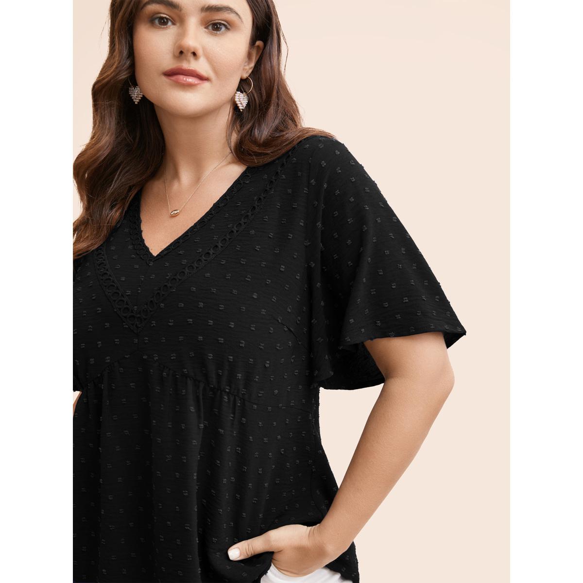 Plus Size Black Polka Dot Frill Trim V Neck Flutter Blouse Women Elegant Short sleeve V-neck Work Blouses BloomChic 30/6X Product Image