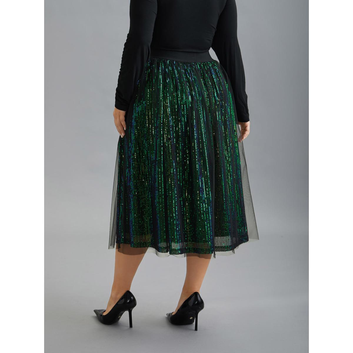Plus Size Sequin Mesh Elastic Waist Midi Skirt Women Black Formal Tiered Loose No stretch Party Skirts BloomChic 10/M Product Image