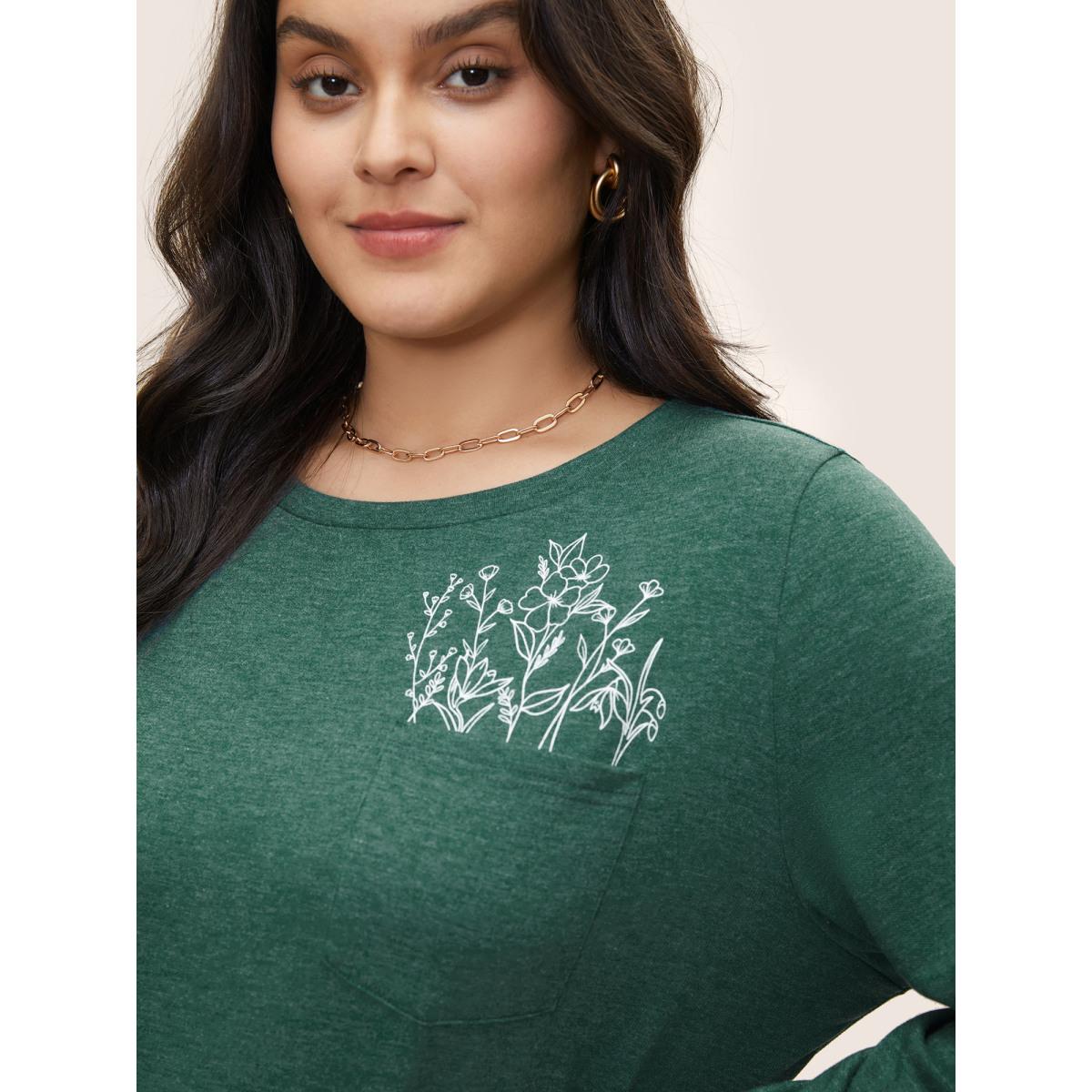 Plus Size Floral Print Heather Patched Pocket Sweatshirt Women Green Casual Non Round Neck Everyday Sweatshirts BloomChic 30/6X Product Image