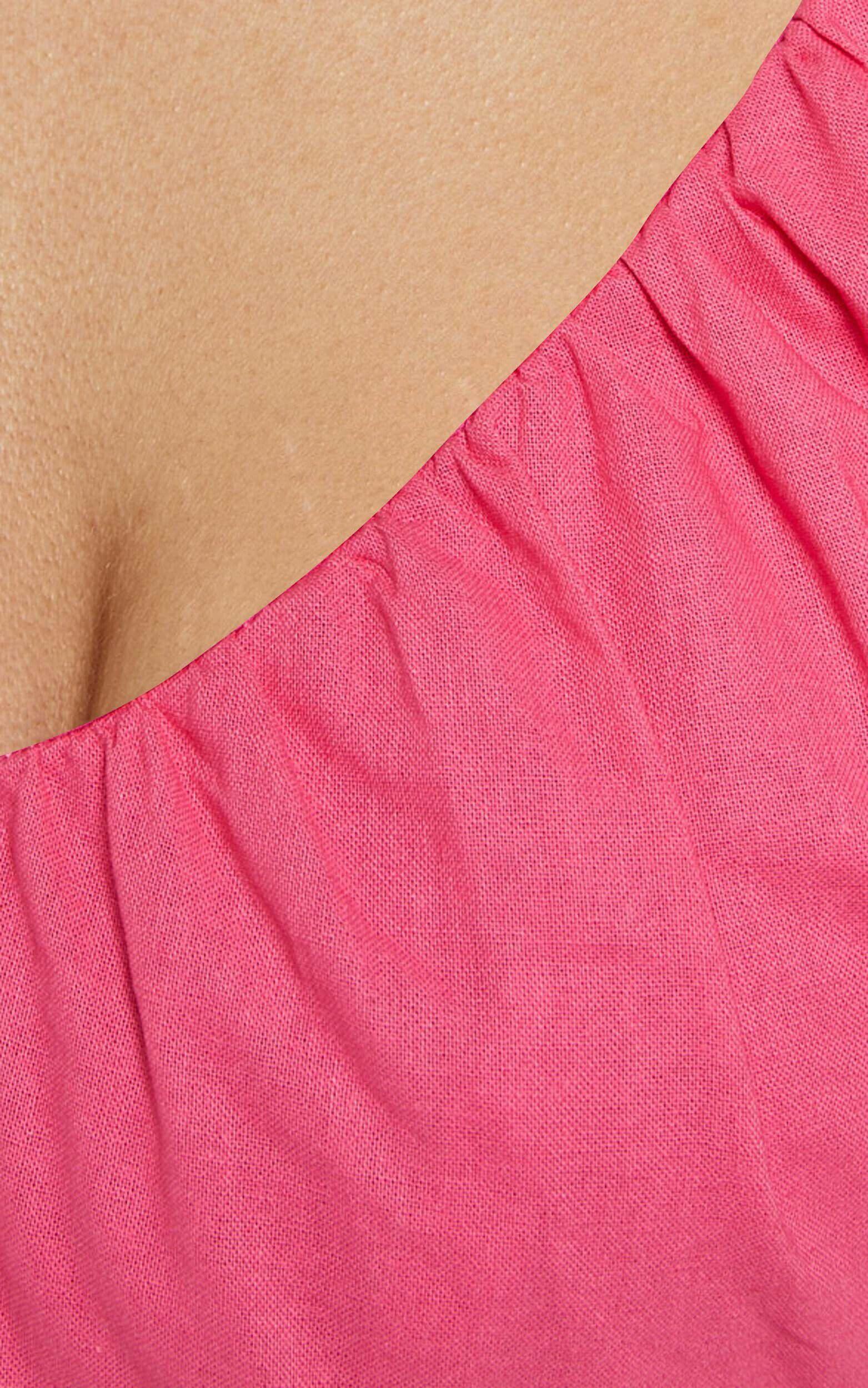 Carli Mini Dress - Linen Ruched Bodice Bell Sleeve Dress in Pink Product Image