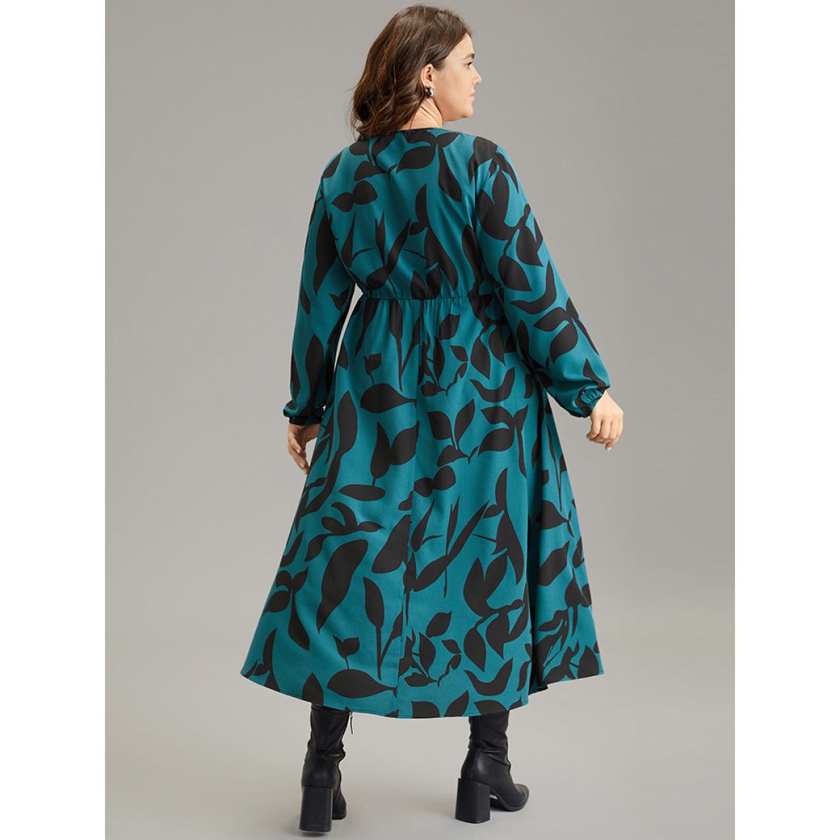 Plus Size Silhouette Floral Print Elastic Waist Lantern Sleeve Dress Aegean Women Elegant Elastic cuffs V-neck Long Sleeve Curvy Midi Dress BloomChic 22-24/3X Product Image