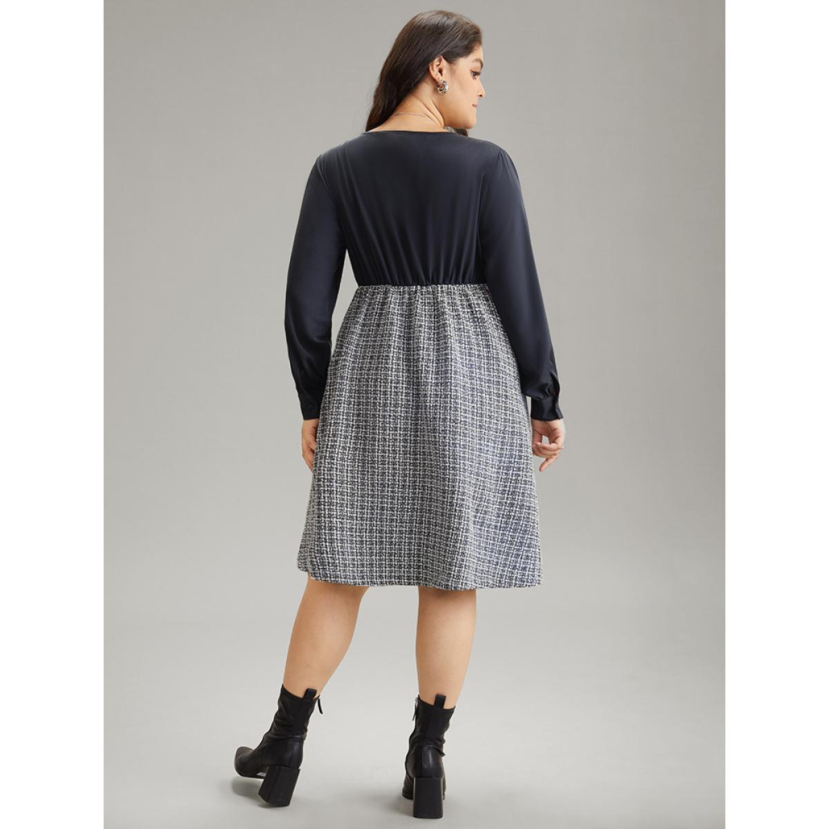 Plus Size Gingham Coarse Tweed Pocket Overlap Collar Dress DarkBlue Women Elegant Texture Overlap Collar Long Sleeve Curvy Midi Dress BloomChic 22-24/3X Product Image