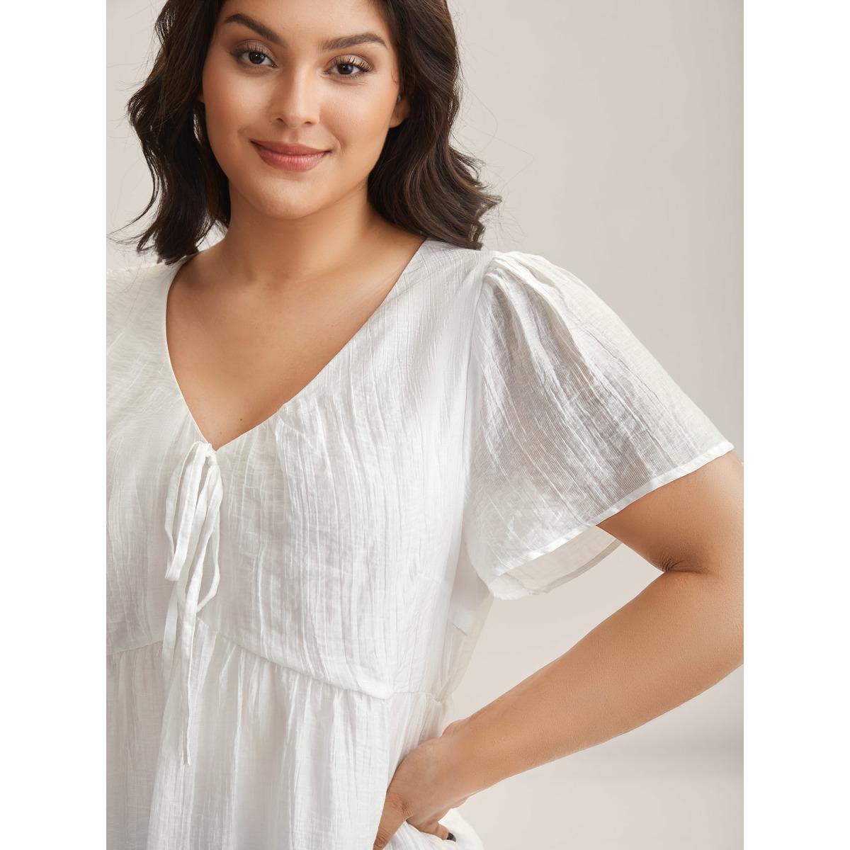 Plus Size Originalwhite Sheer V-Neck Tie Tiered Blouse Women Leisure Short sleeve V-neck Casual Blouses BloomChic 28/5X Product Image