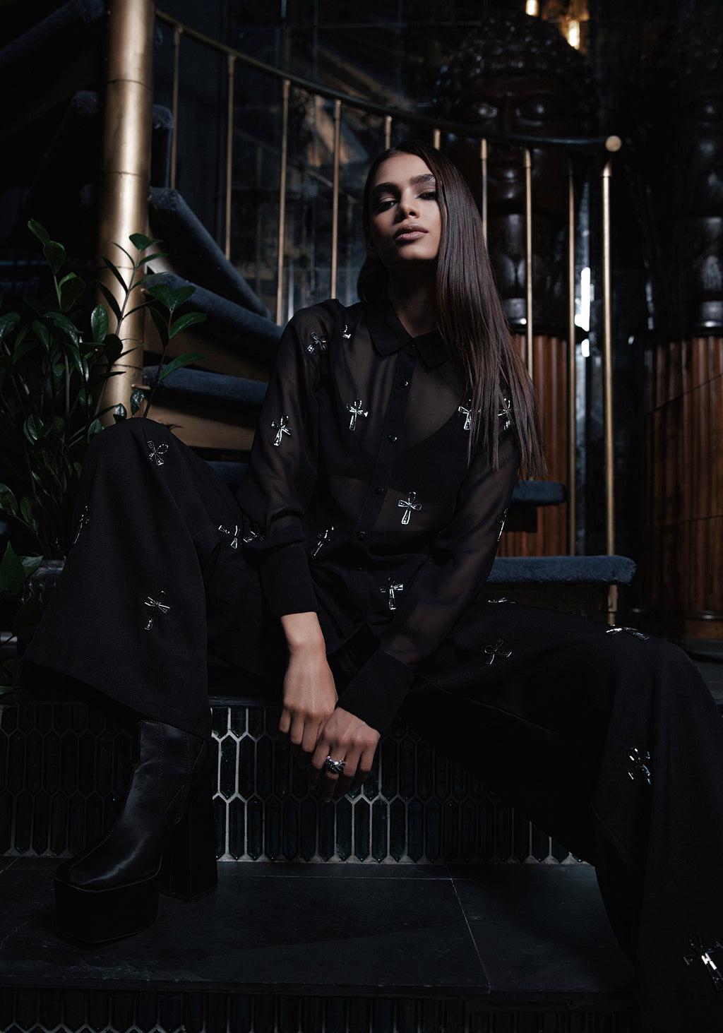 Ankh Beaded Chiffon Wide Leg Trousers Product Image