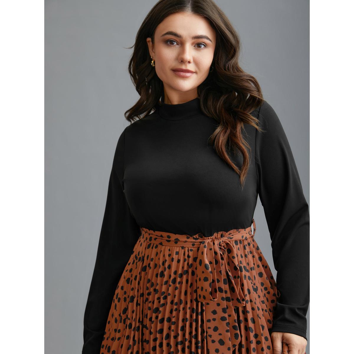 Plus Size Leopard Print Pleated Mock Neck Midi Dress Russet Women At the Office Belted Mock Neck Long Sleeve Curvy BloomChic 14-16/1X Product Image
