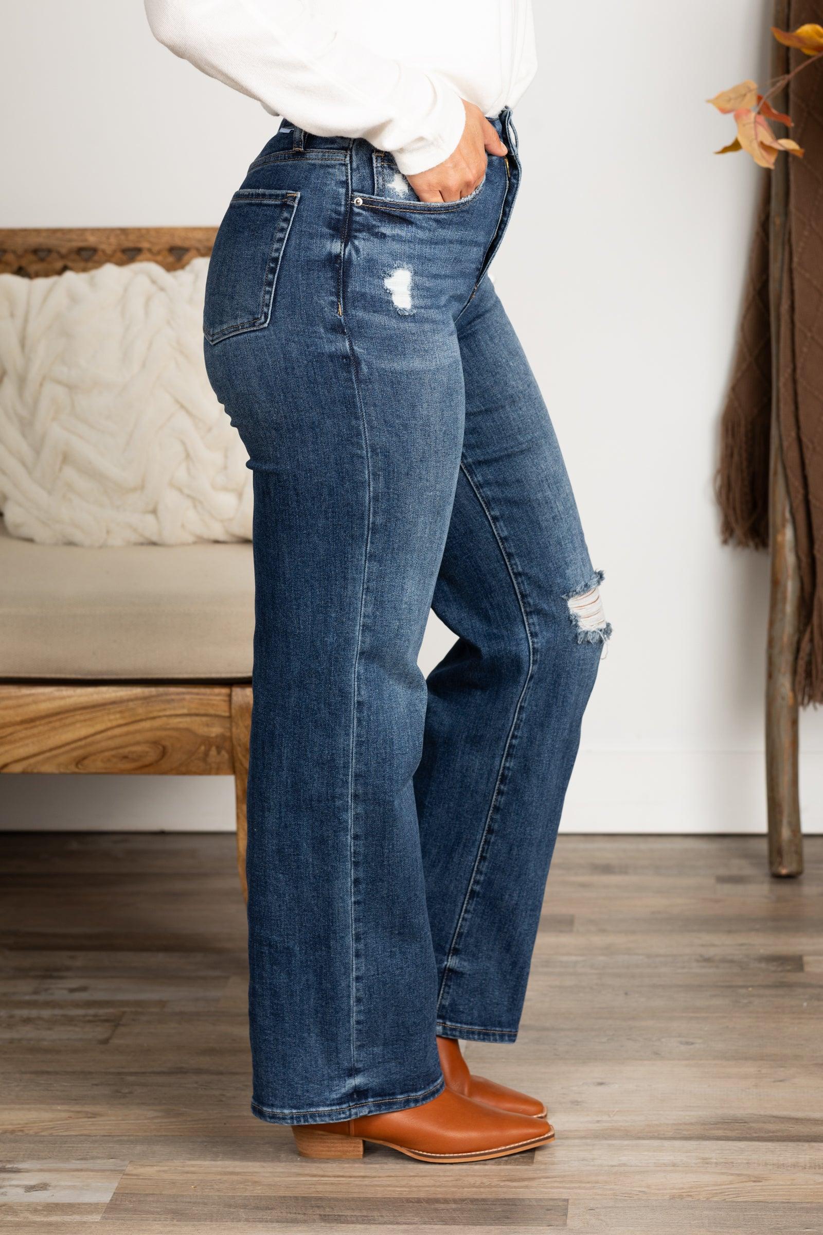 RFM Medium Wash Distress Knee Wide Leg Jean Product Image