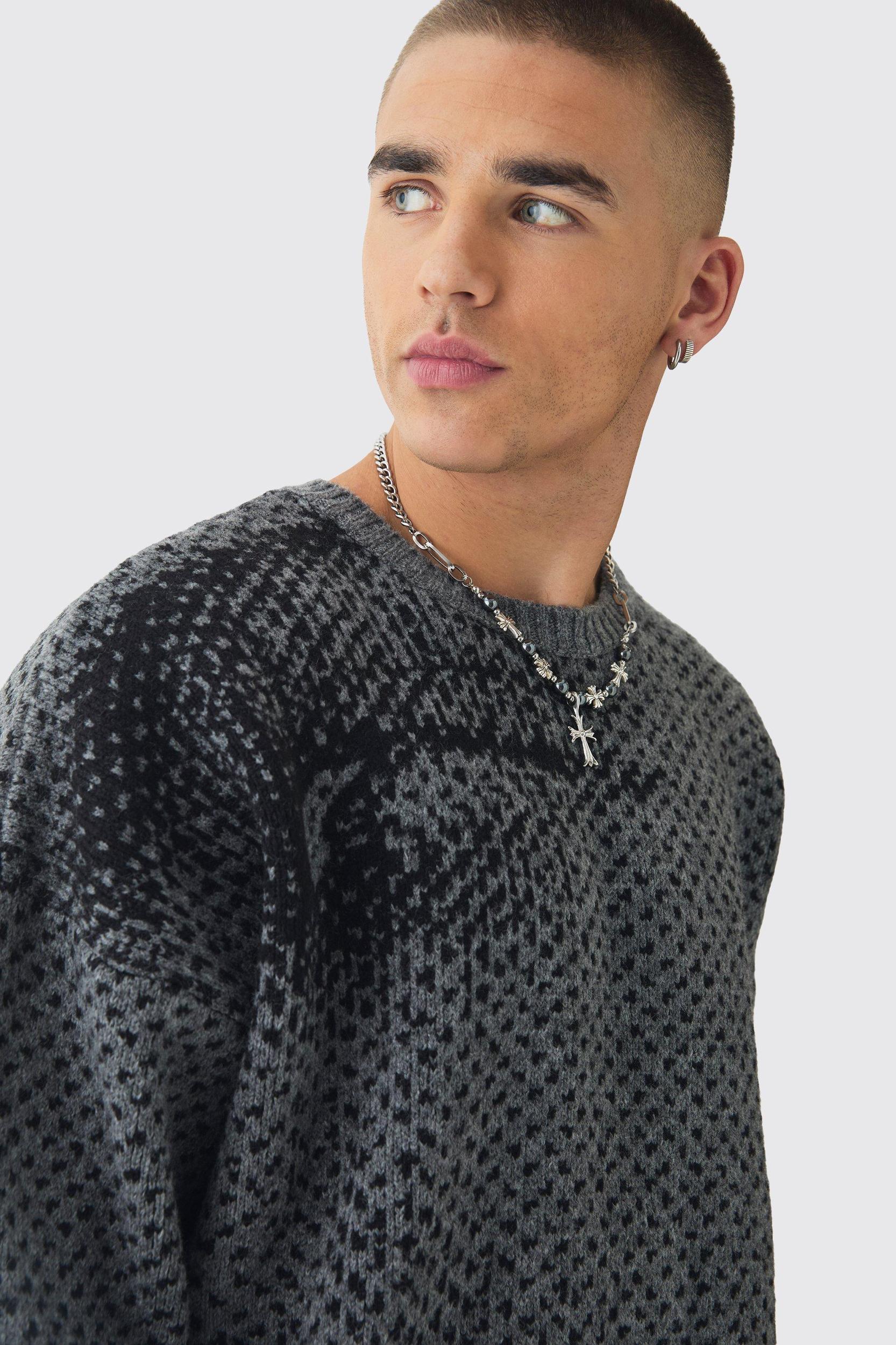 Oversized Boxy Brushed Face All Over Jacquard Sweater | boohooMAN USA Product Image