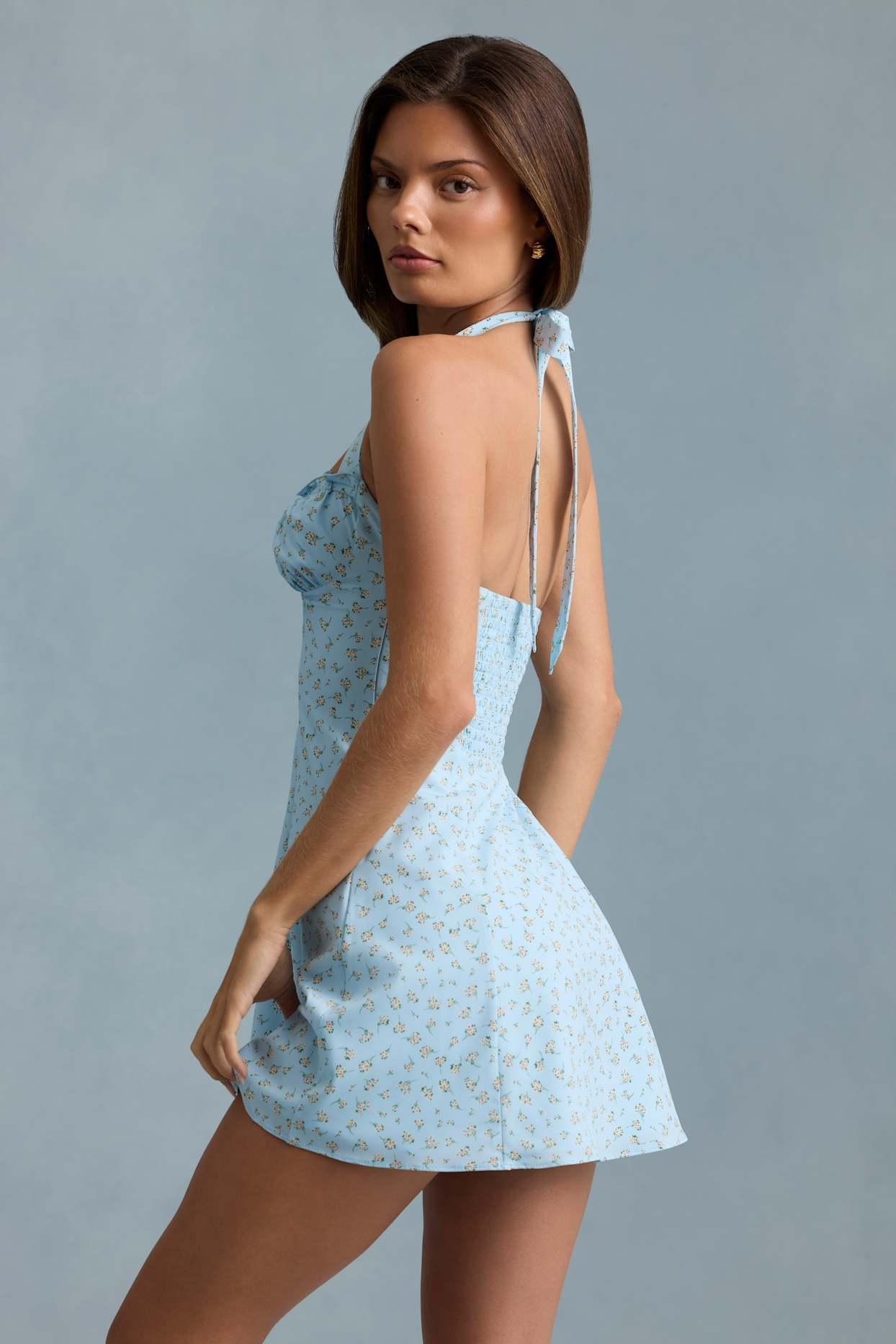 Halterneck A-Line Mini Dress in Blue Flower Print Product Image