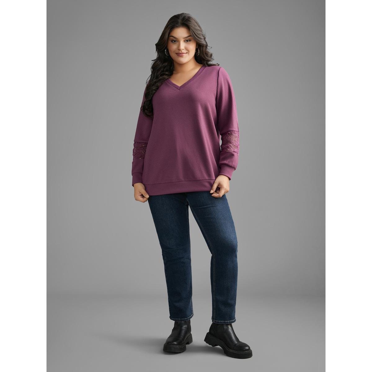 Plus Size V Neck Textured Lace Patchwork Sweatshirt Women Deeppurplered Casual Texture V-neck Everyday Sweatshirts BloomChic 14-16/1X Product Image