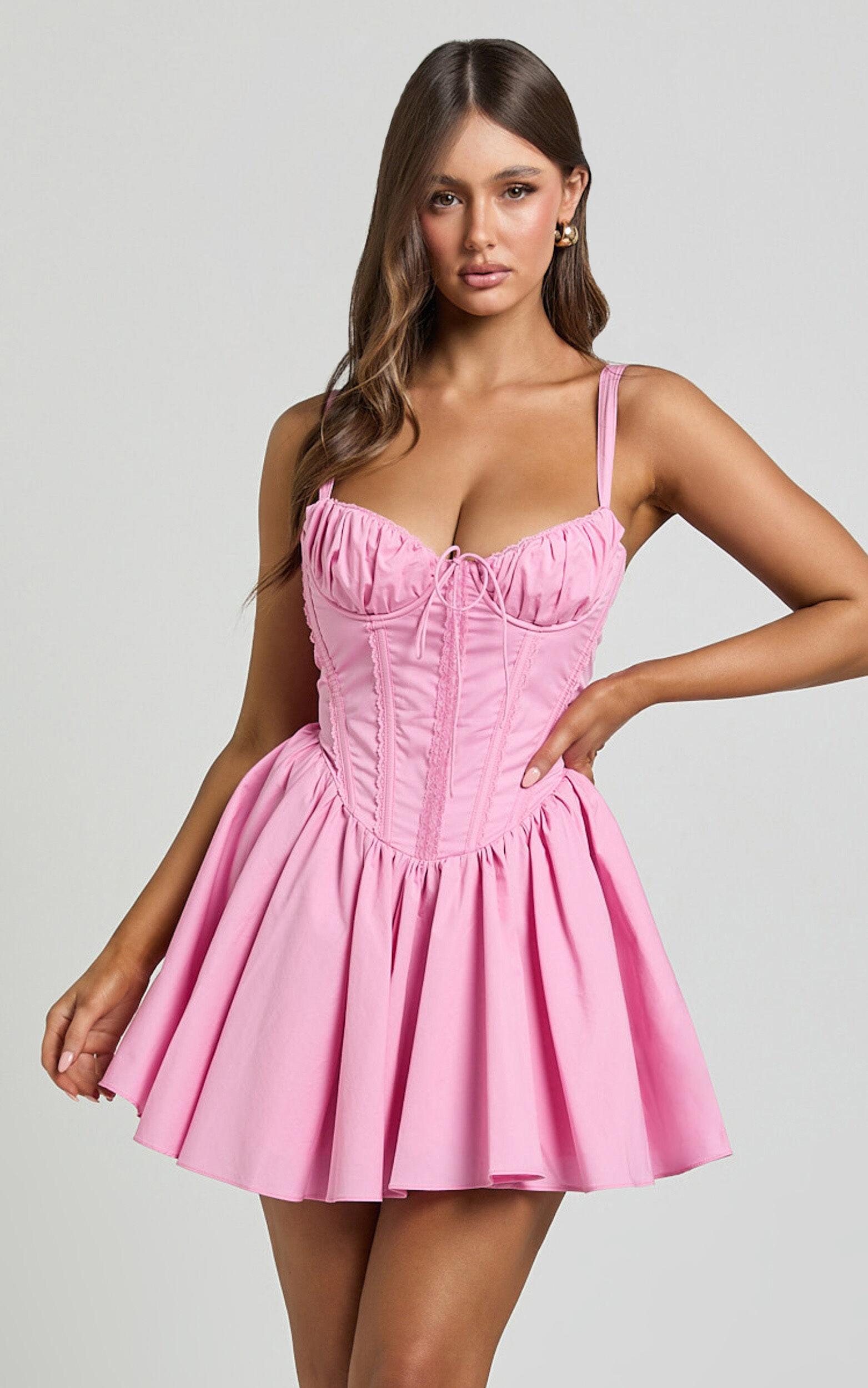 Jenna Mini Dress - Corset Lace Trim Flared Dress in Musk Pink Product Image