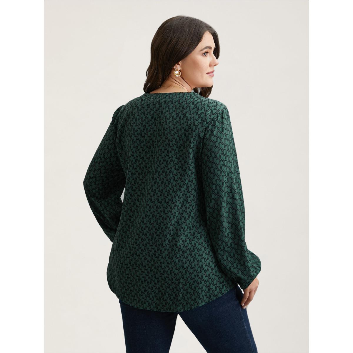 Plus Size DarkSlateGray Notched Collar Geometric Print Flowy Blouse Women Timeless Extra Long Sleeve Flat collar with V-notch Elegant Blouses BloomChic 10/M Product Image