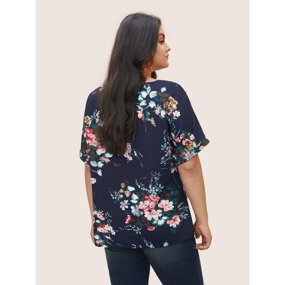 Plus Size Floral Print Crew Neck Cuffed Sleeve T-shirt Midnight Women Casual Non Floral Round Neck Everyday T-shirts BloomChic 18-20/2X Product Image