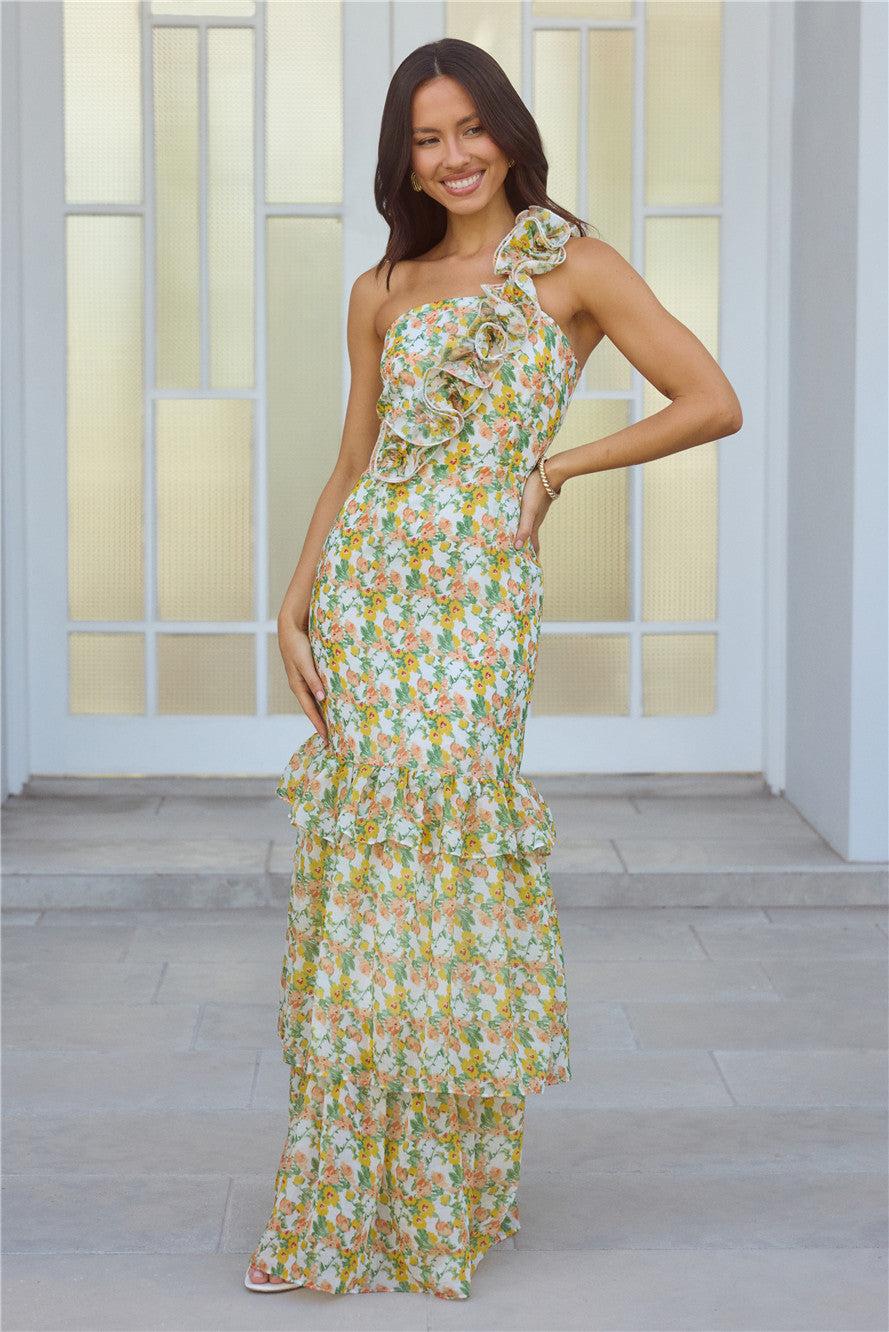 Blooming In Summer One Shoulder Maxi Dress Orange Product Image