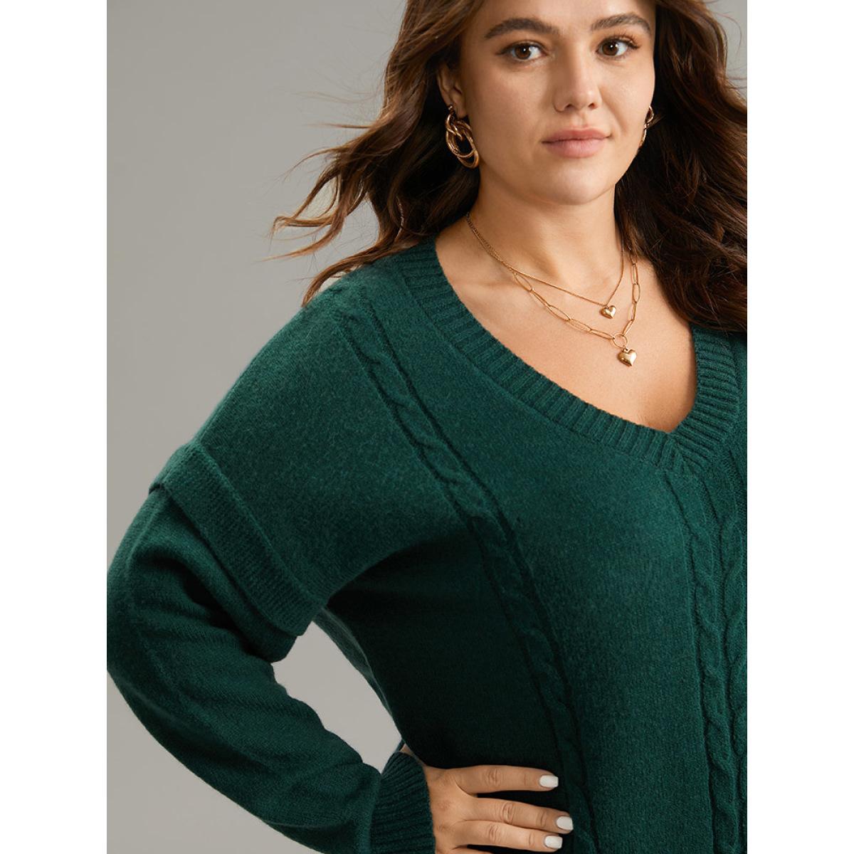 Plus Size Cable Knit Patchwork Drop Shoulder Pullover DarkGreen Women Casual Loose Long Sleeve V-neck Dailywear Pullovers BloomChic 14-16/1X Product Image