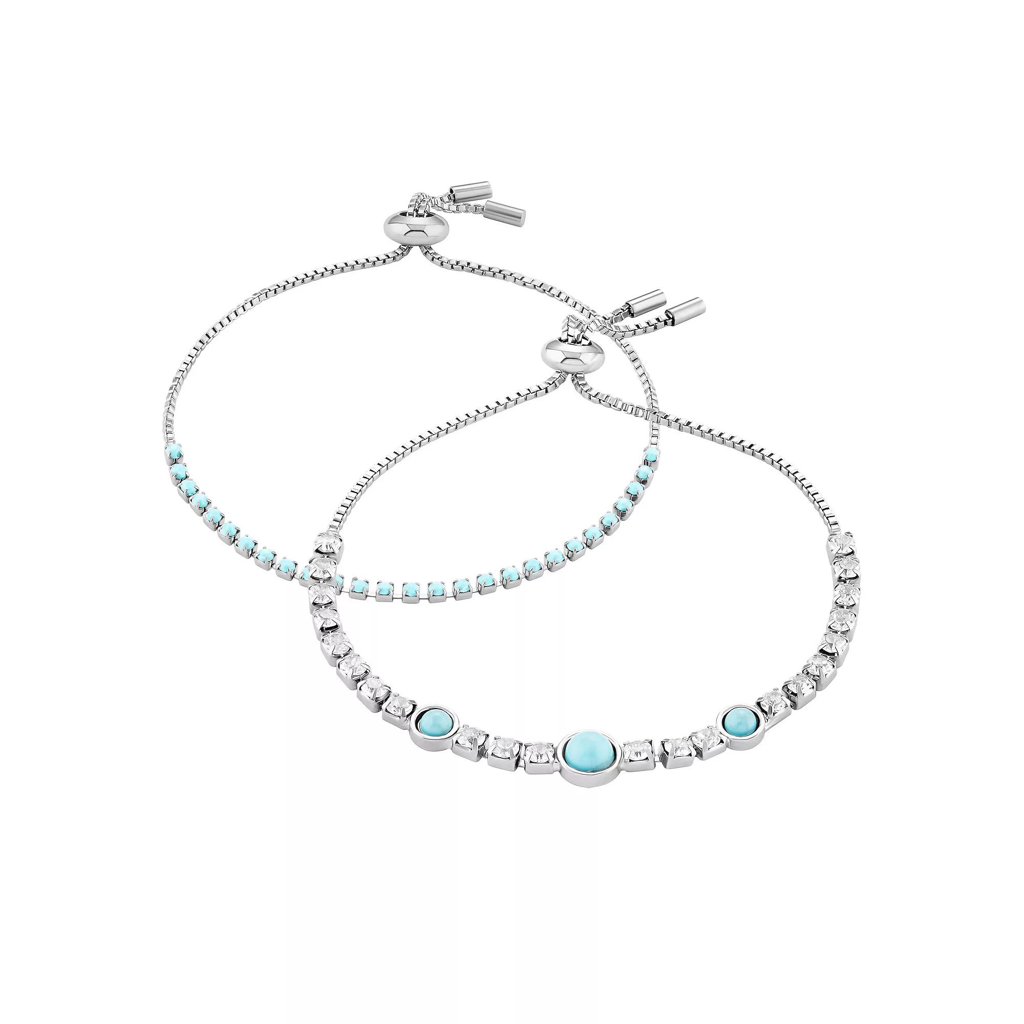 Emberly Silver Tone Clear Glass Stone & Simulated Turquoise Adjustable Bracelet Duo Set, Women's, Blue Product Image
