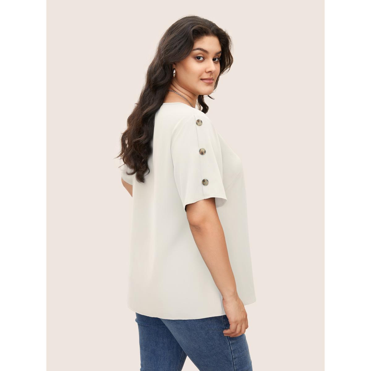Plus Size White Plain Round Neck Button Detail Blouse Women Casual Short sleeve Round Neck Everyday Blouses BloomChic 12/L Product Image