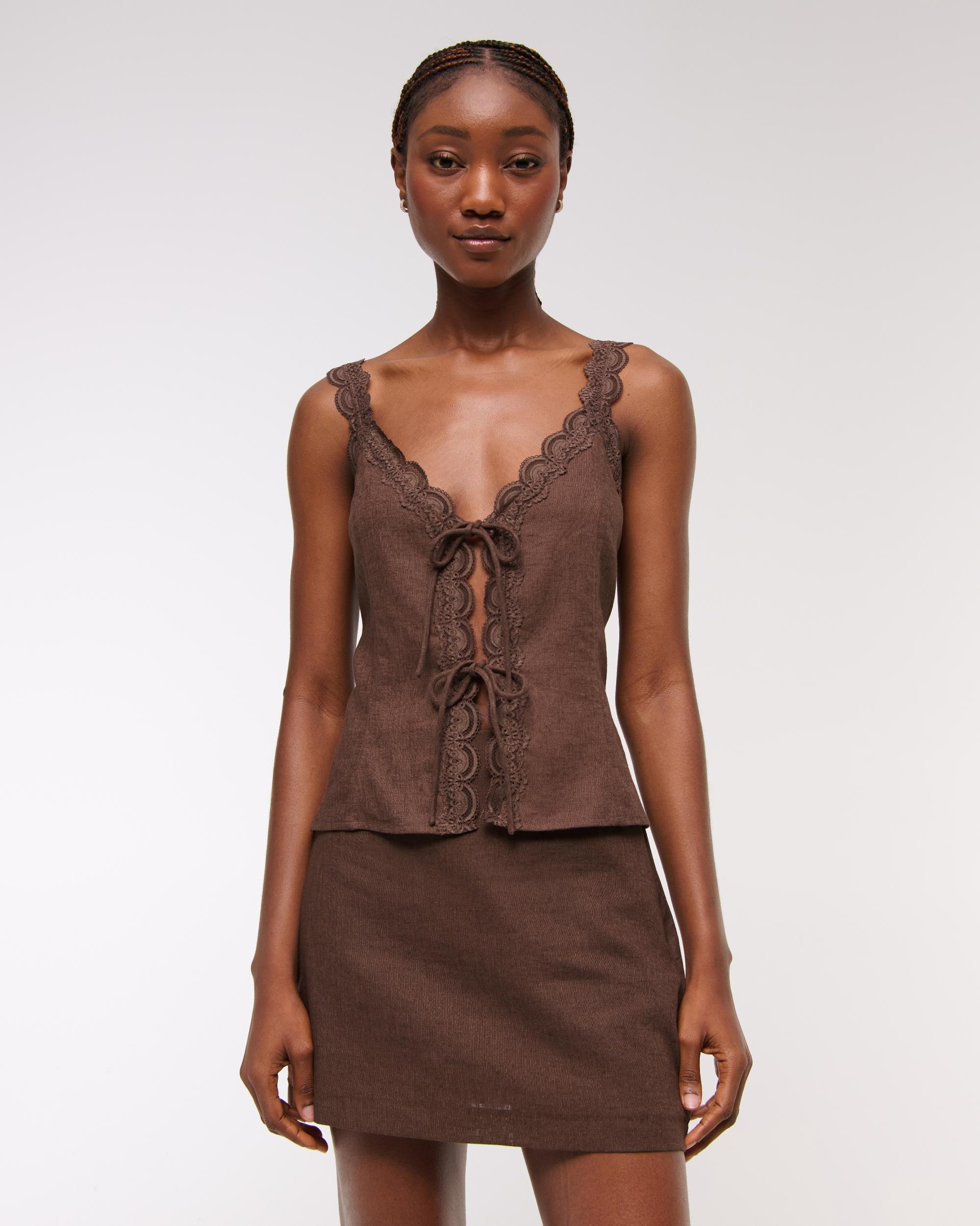 Lace-Trim Tie-Front Peplum Top Product Image