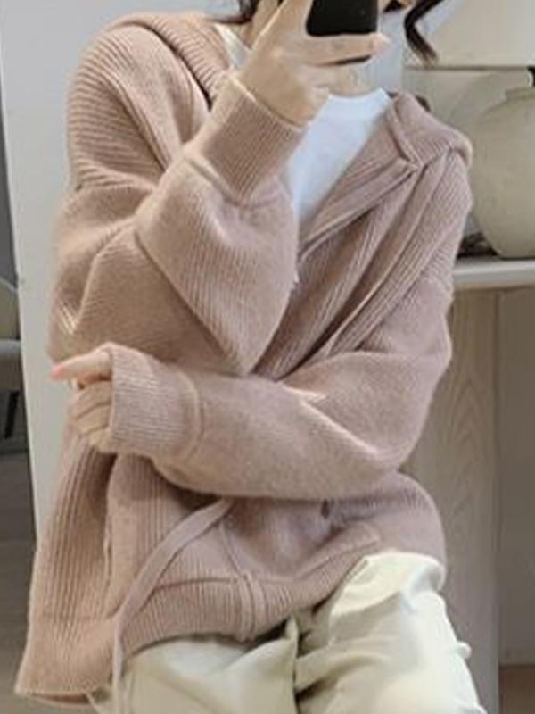 Solid Hooded Zip Up Knit Cardigan Product Image