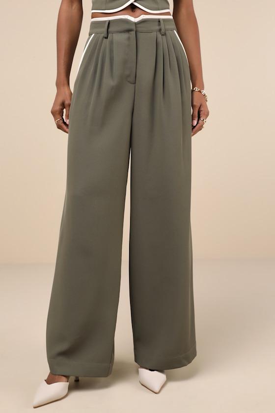 Composed Aesthetic Olive Green Color Block Wide-Leg Pants Product Image