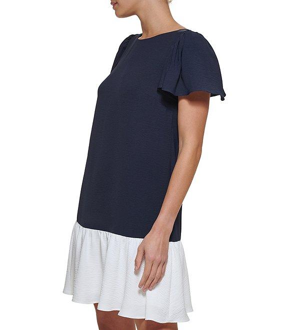 DKNY by Donna Karan Woven Crew Neck Colorblock Short Sleeve Flutter Hem Shift Mini Dress Product Image
