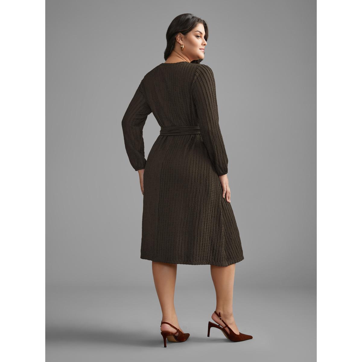 Plus Size Plain Textured Belted Knit Dress DarkBrown Women Casual Texture Knit Dresses Bloomchic 30/6X Product Image