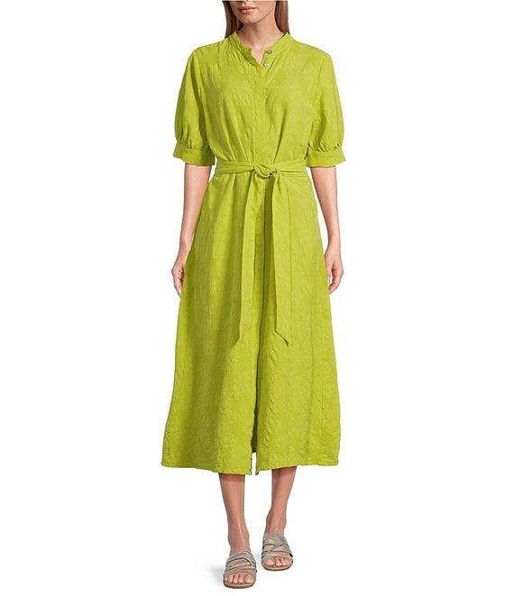 Bryn Walker Augustina Floral Cotton Jacquard Banded Collar Elbow Sleeve Button Front Maxi Dress Product Image