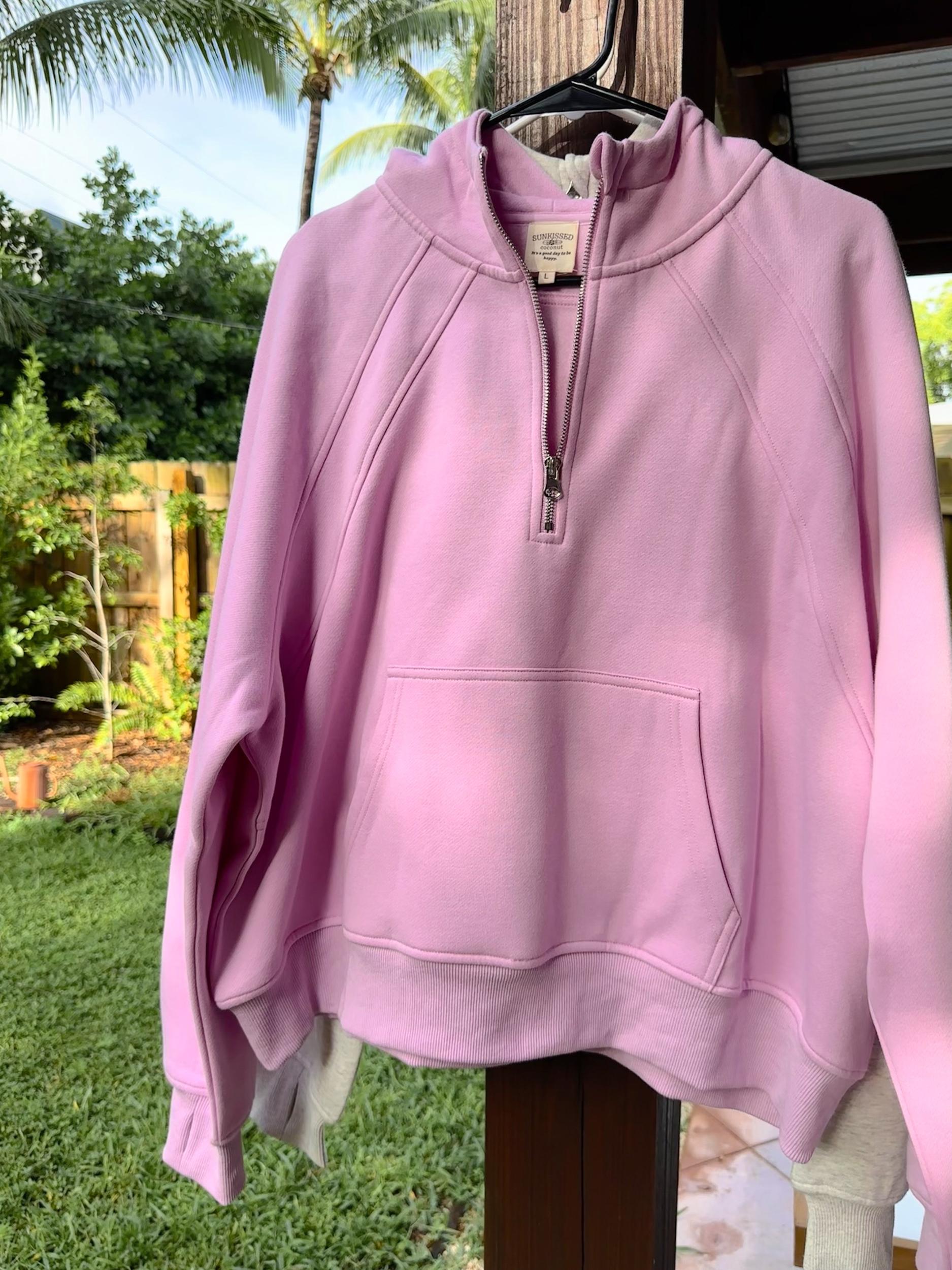 Pink Lavender  Pilates Detailed Waist Length Quarter Zip Hoodie Product Image