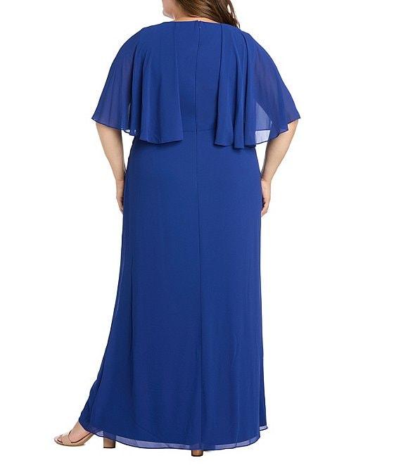R & M Richards Plus Size Souffle Crepe Chiffon Crew Neck Short Sleeve Capelet Ruched Waist With Flower Detail Sheath Dress Product Image