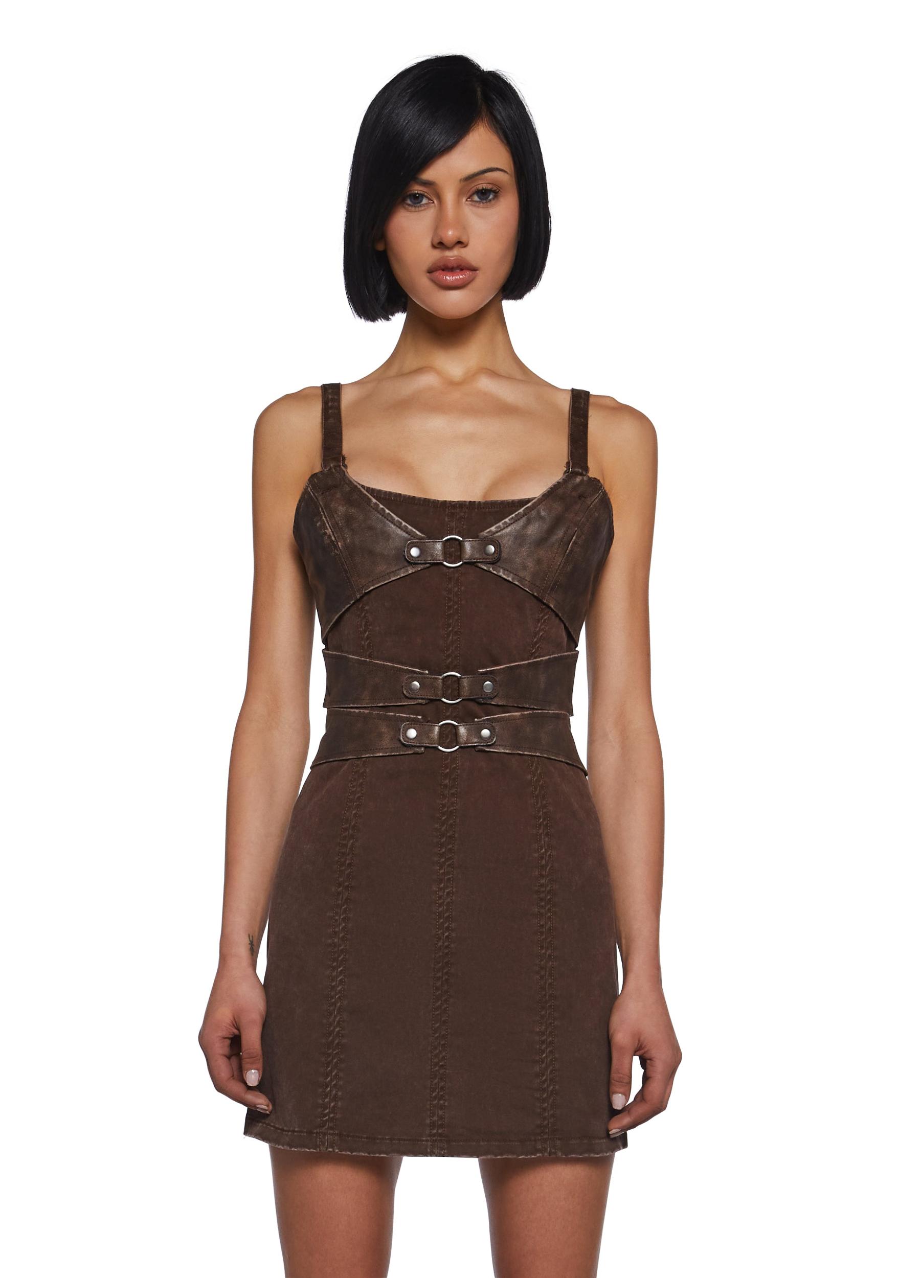 Womens Matte Vegan Leather And Twill Corset Mini Dress Darker Wavs - Brown Product Image