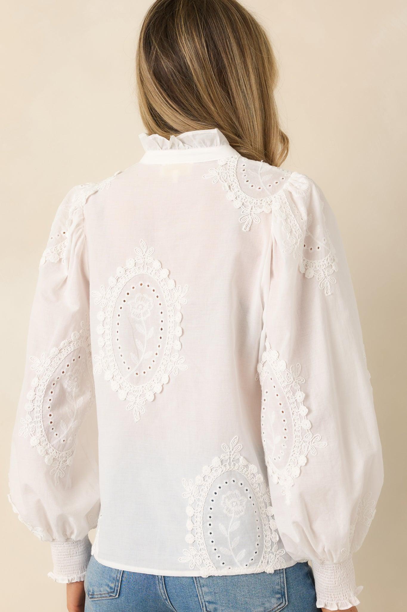 I Will Be Here White Eyelet Appliqué Detail Cotton Long Sleeve Blouse Product Image