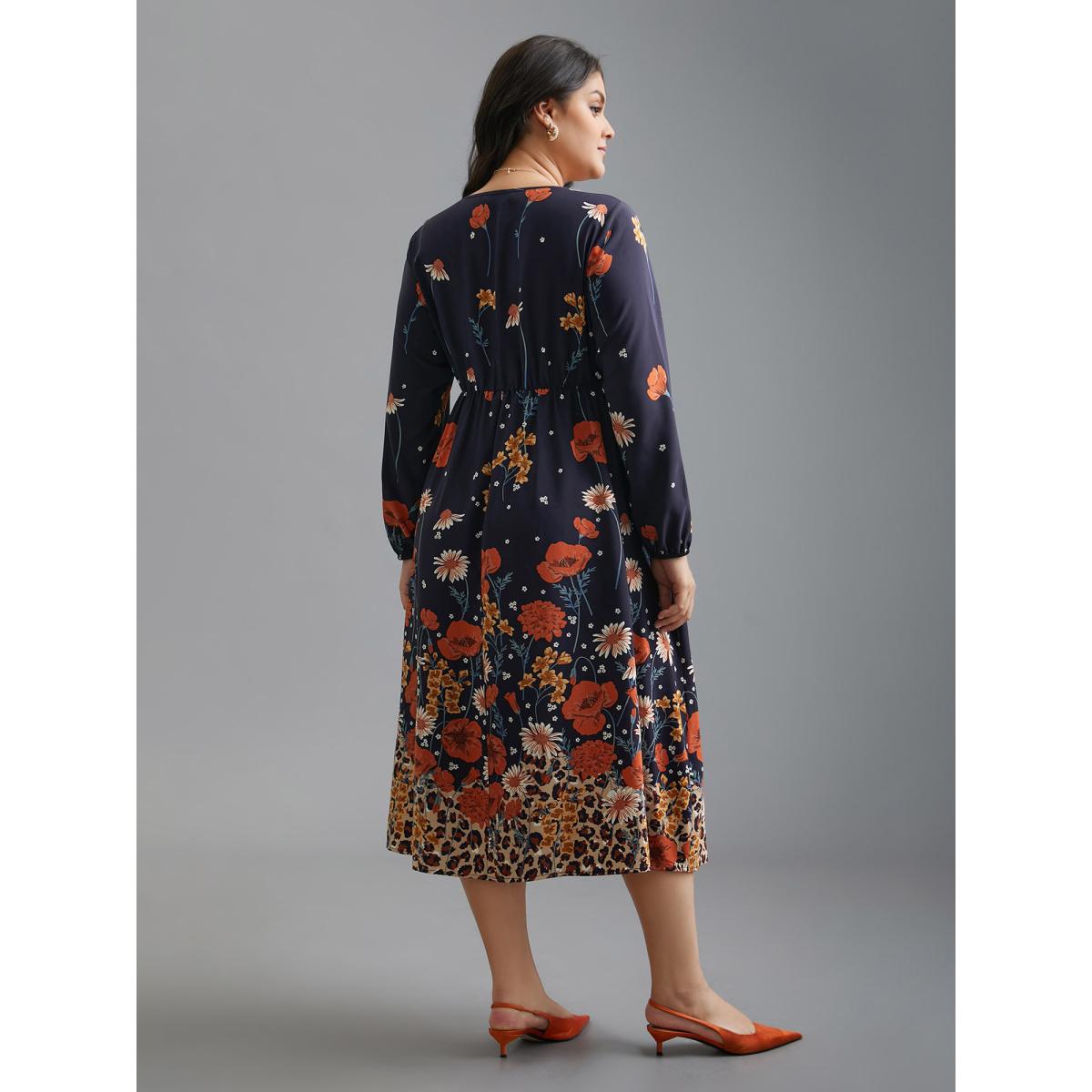 Plus Size Floral Boho Print Lantern Sleeve Dress Indigo Women Elegant Non Round Neck Long Sleeve Curvy BloomChic 26/4X Product Image