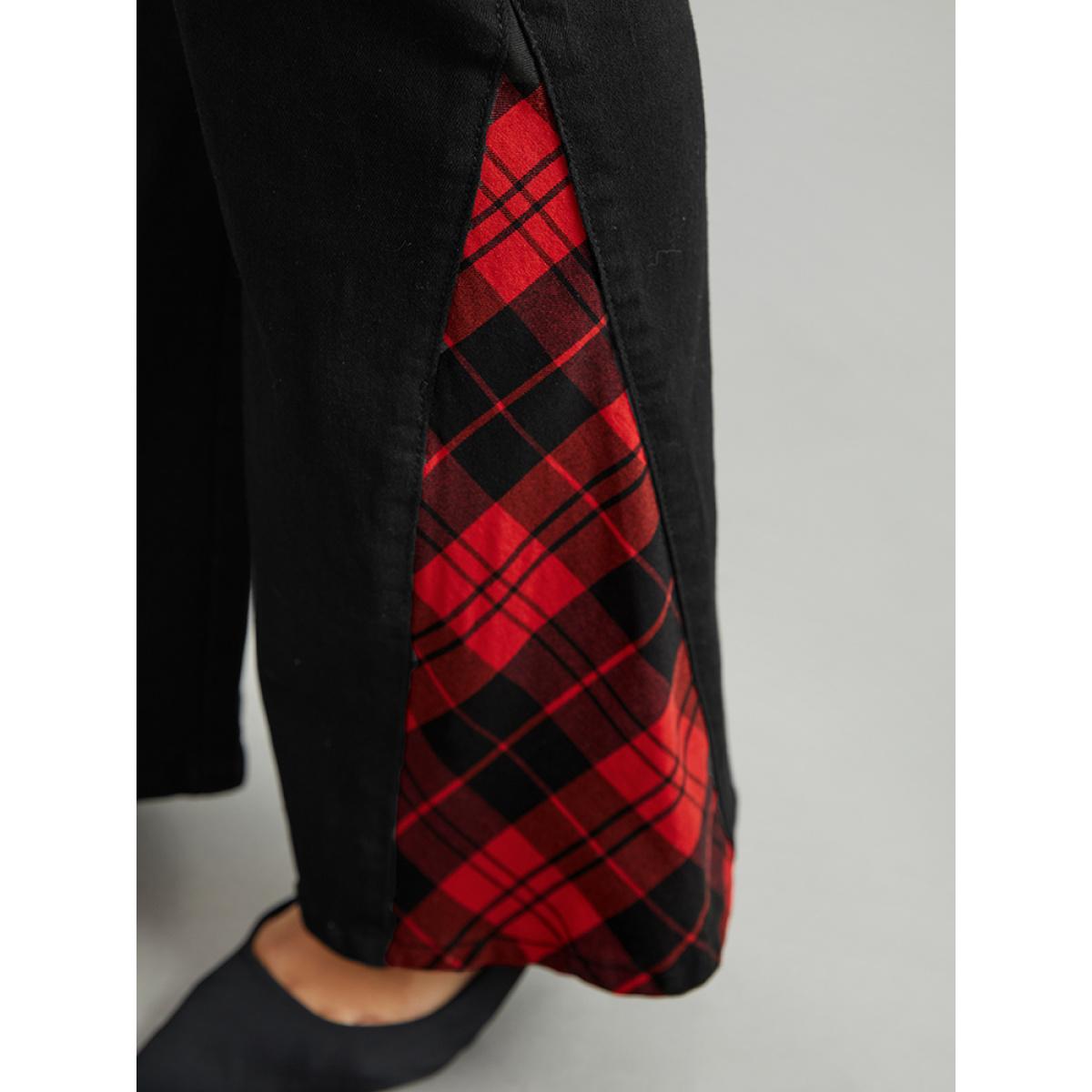 Plus Size Flare Leg Plaid Patchwork Pocket Jeans Women Black Casual Plaid Contrast Low stretch Pocket Jeans BloomChic 14/1X Product Image