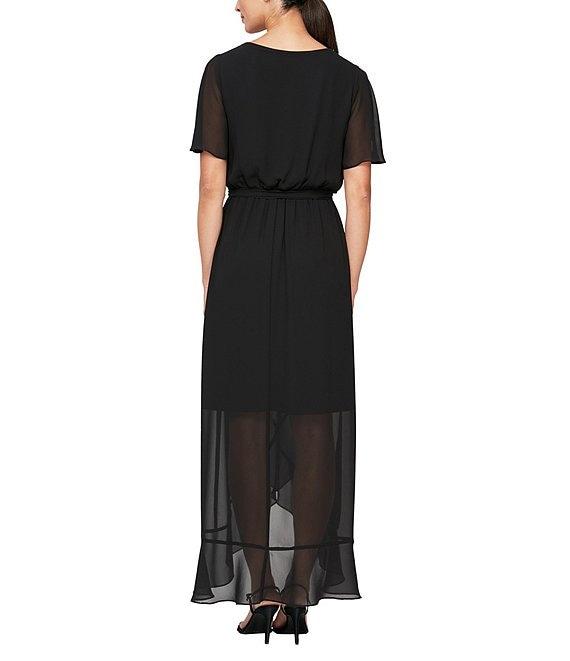 Ignite Evenings Chiffon Surplice V-Neck Short Sleeve Ruffle Hem Wrap Dress Product Image