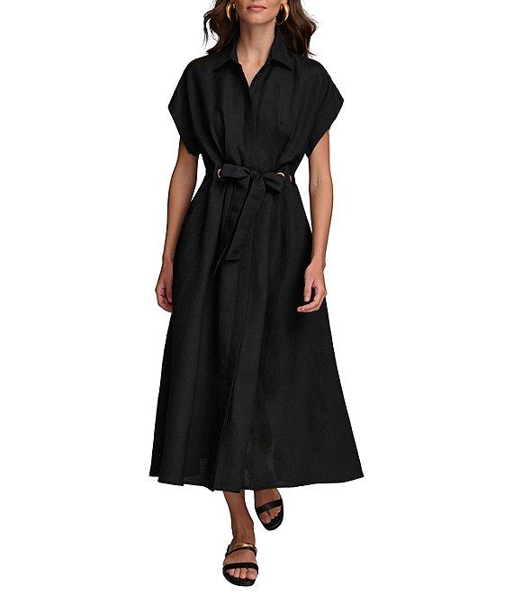 Donna Karan Short Sleeve Point Collar Tie Waist Linen Blend Midi A-Line Dress Product Image